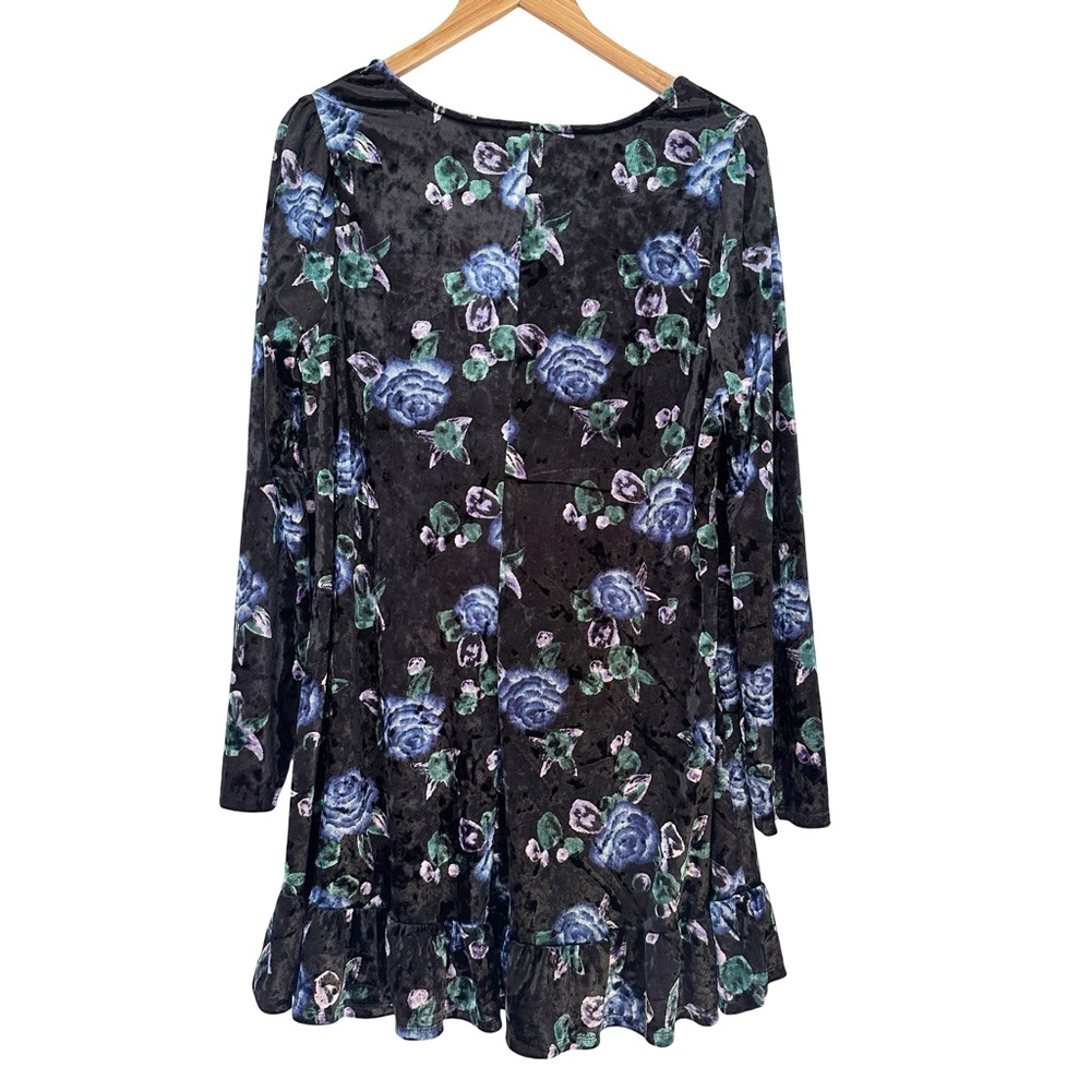 Wild Fable Floral Print Long Sleeve Velvet Drop Hem Swing Dress Black Blue XXL - Picture 9 of 10